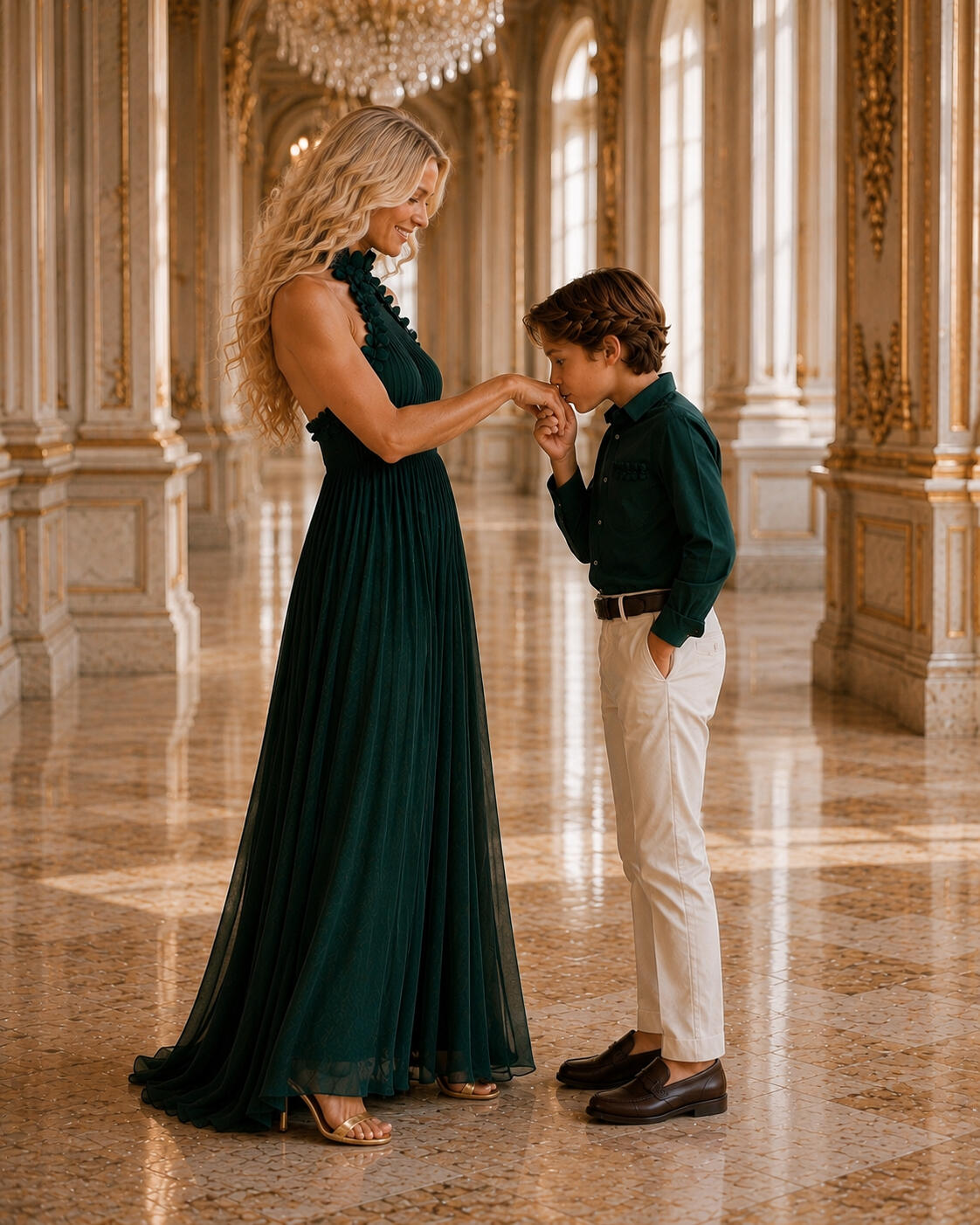 Mother and son in matching deep green outfits, a kiss on the hand, by Maison Orayat