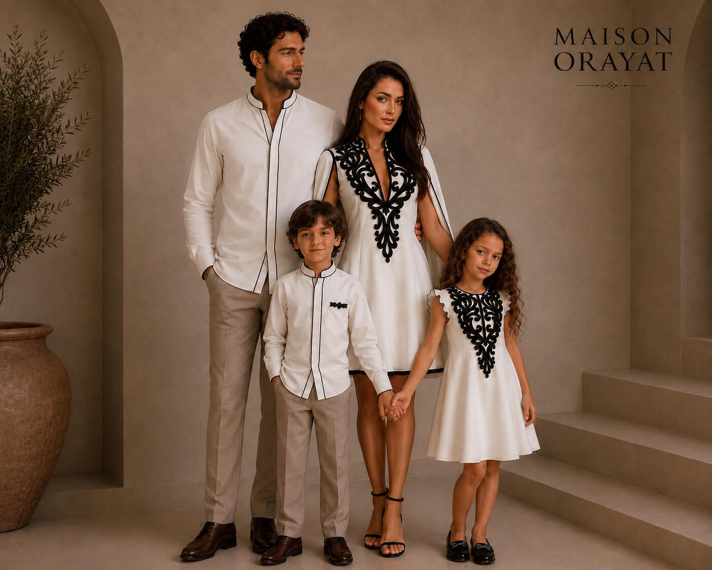 Maison Orayat family in matching white and black embroidered outfits
