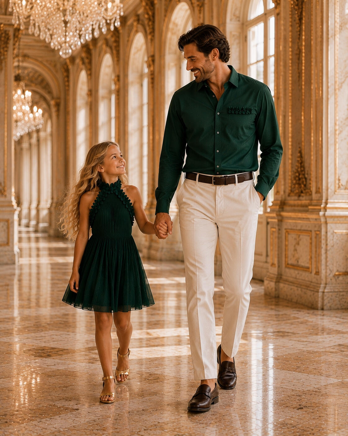 Father and daughter walking hand in hand in matching Maison Orayat green