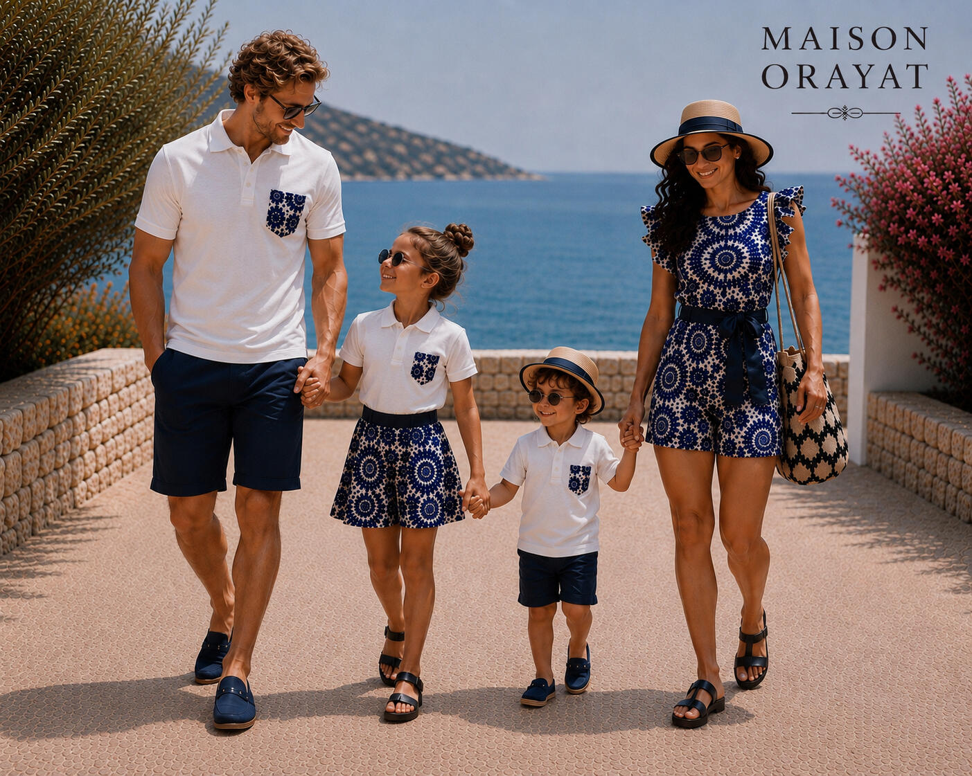 Maison Orayat family walking by the coast in matching prints