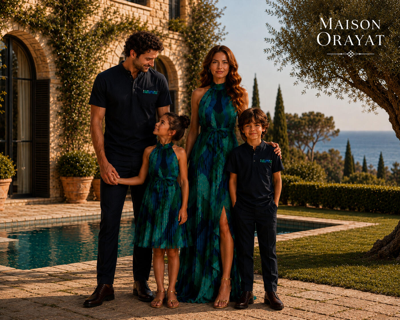 Maison Orayat family in matching outfits by the pool at golden hour