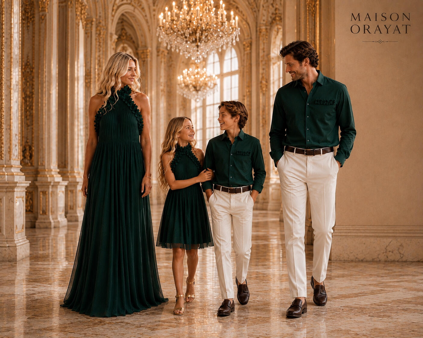 Family of four in matching deep green outfits - mother, daughter, son and father in Maison Orayat