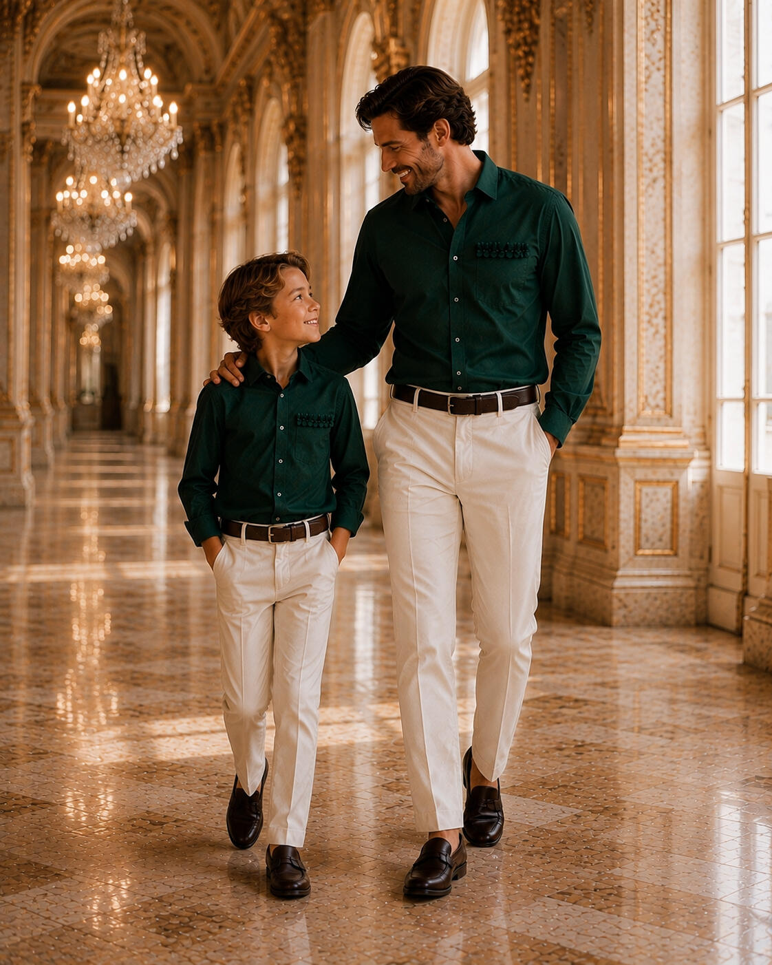 Father and son in matching Maison Orayat shirts